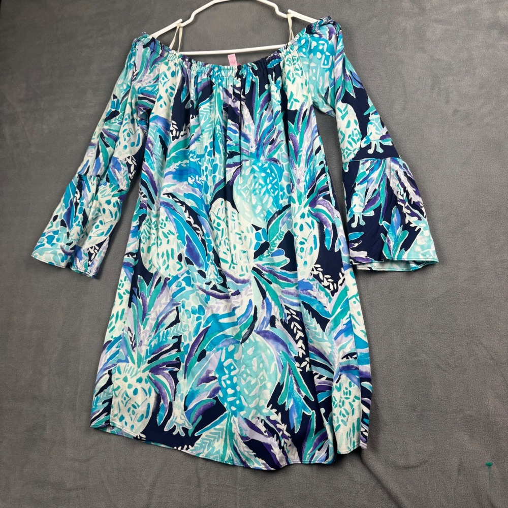 Lilly Pulitzer Blue Purple Pineapple Off Shoulder Bell Sleeve Rayon Dress M - Picture 10 of 10